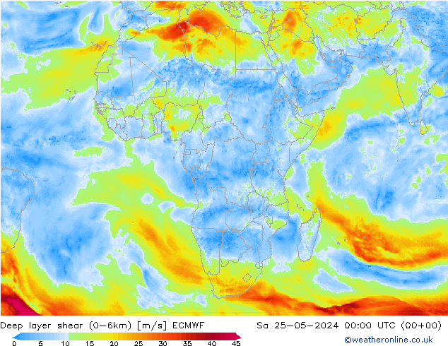 Deep layer shear (0-6km) ECMWF sáb 25.05.2024 00 UTC