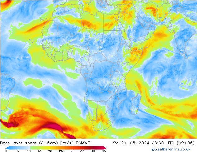 Deep layer shear (0-6km) ECMWF St 29.05.2024 00 UTC