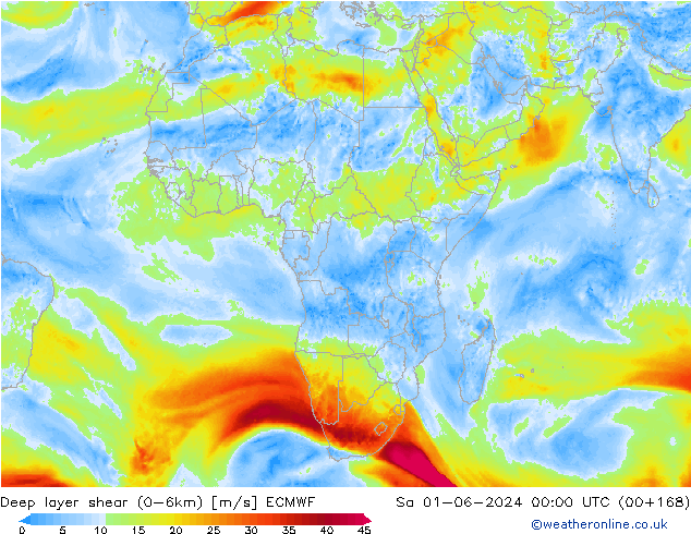 Deep layer shear (0-6km) ECMWF сб 01.06.2024 00 UTC