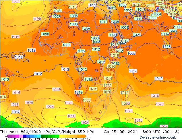 Espesor 850-1000 hPa ECMWF sáb 25.05.2024 18 UTC