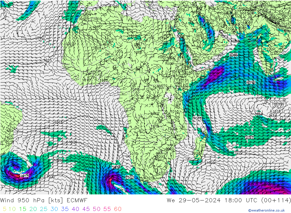 Vento 950 hPa ECMWF Qua 29.05.2024 18 UTC