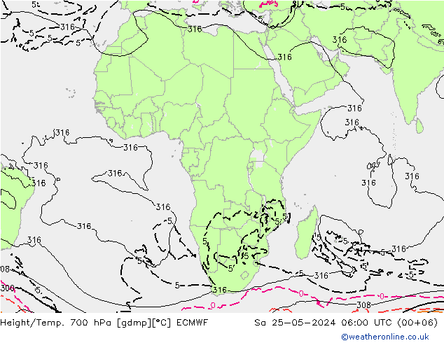 Height/Temp. 700 hPa ECMWF Sa 25.05.2024 06 UTC