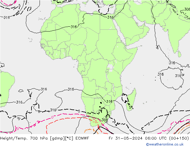 Hoogte/Temp. 700 hPa ECMWF vr 31.05.2024 06 UTC