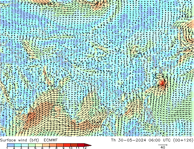 Surface wind (bft) ECMWF Th 30.05.2024 06 UTC