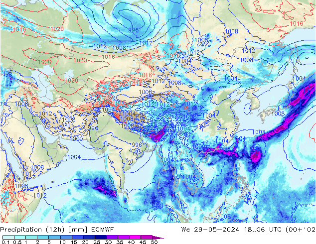 Precipitation (12h) ECMWF We 29.05.2024 06 UTC