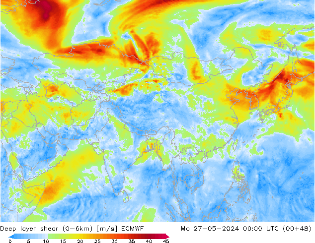 Deep layer shear (0-6km) ECMWF ma 27.05.2024 00 UTC