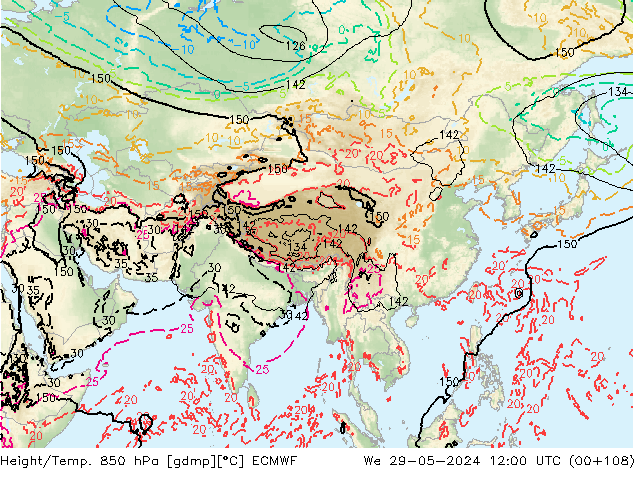 Height/Temp. 850 hPa ECMWF śro. 29.05.2024 12 UTC