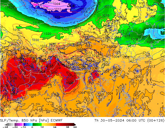 SLP/Temp. 850 hPa ECMWF Qui 30.05.2024 06 UTC