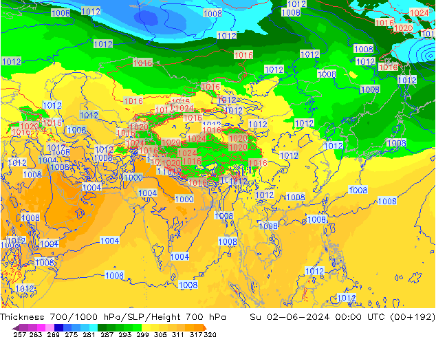 Thck 700-1000 hPa ECMWF Su 02.06.2024 00 UTC