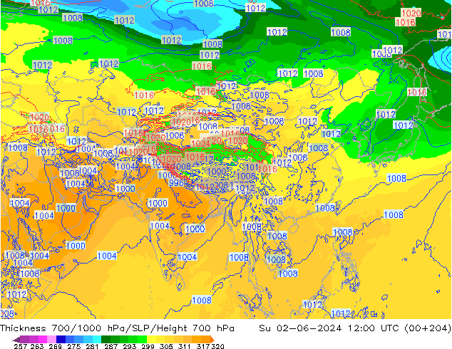 700-1000 hPa Kalınlığı ECMWF Paz 02.06.2024 12 UTC