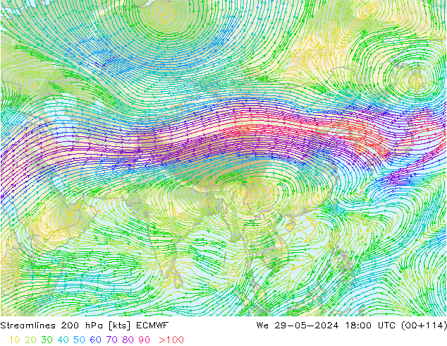 Linha de corrente 200 hPa ECMWF Qua 29.05.2024 18 UTC