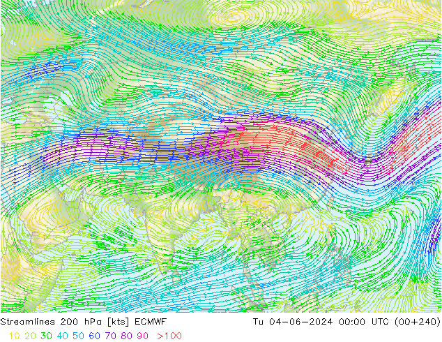Linea di flusso 200 hPa ECMWF mar 04.06.2024 00 UTC