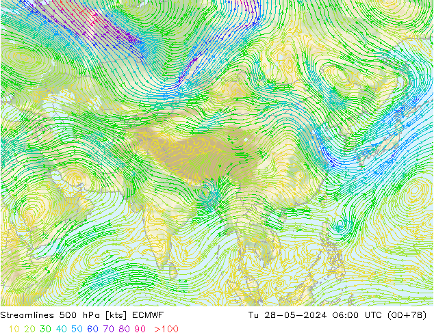 Streamlines 500 hPa ECMWF Tu 28.05.2024 06 UTC