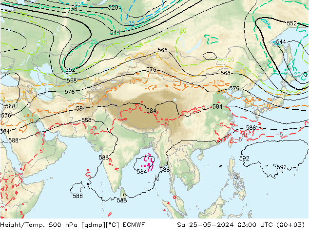 Height/Temp. 500 hPa ECMWF Sa 25.05.2024 03 UTC