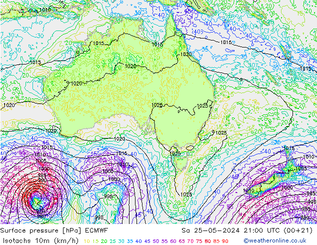 Isotachen (km/h) ECMWF Sa 25.05.2024 21 UTC