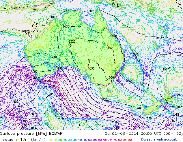 Isotachs (kph) ECMWF Ne 02.06.2024 00 UTC