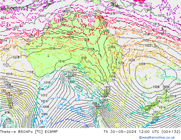 Theta-e 850hPa ECMWF Qui 30.05.2024 12 UTC