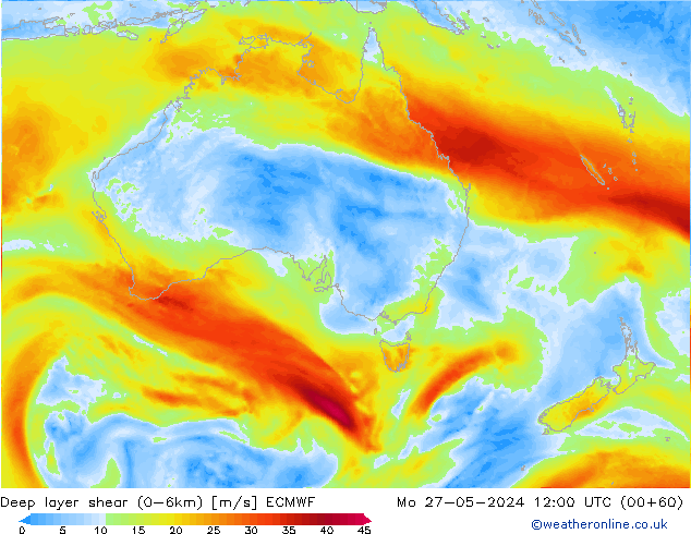 Deep layer shear (0-6km) ECMWF pon. 27.05.2024 12 UTC