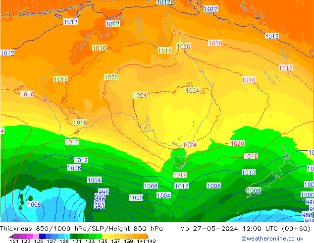 Thck 850-1000 hPa ECMWF pon. 27.05.2024 12 UTC