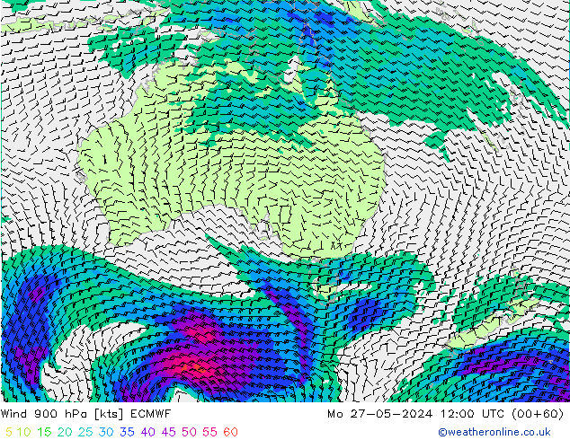 wiatr 900 hPa ECMWF pon. 27.05.2024 12 UTC