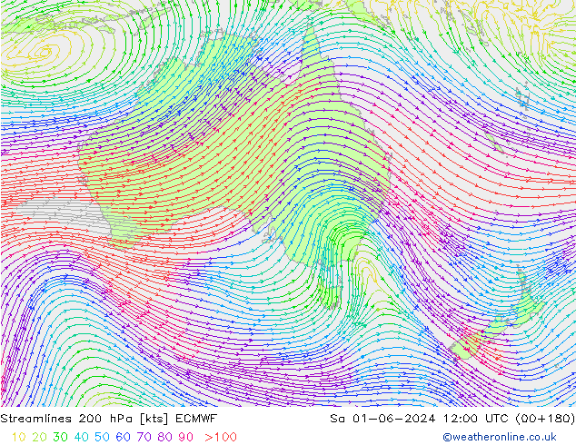 Linia prądu 200 hPa ECMWF so. 01.06.2024 12 UTC