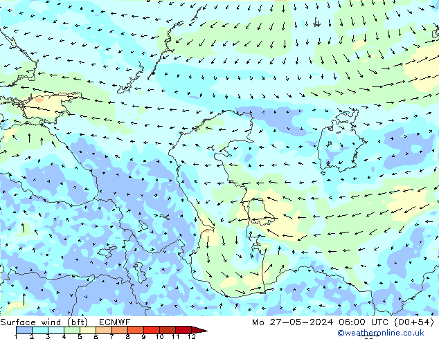 Wind 10 m (bft) ECMWF ma 27.05.2024 06 UTC