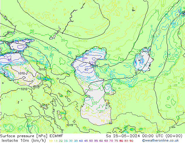 Isotachs (kph) ECMWF Sa 25.05.2024 00 UTC