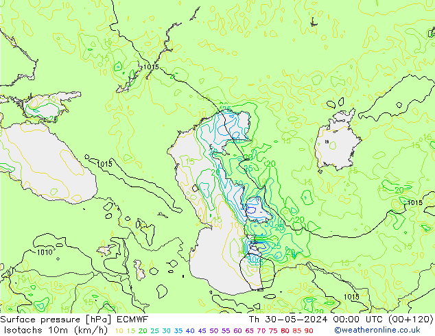 Isotachs (kph) ECMWF Th 30.05.2024 00 UTC