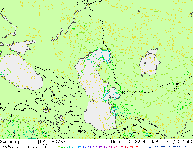 Izotacha (km/godz) ECMWF czw. 30.05.2024 18 UTC