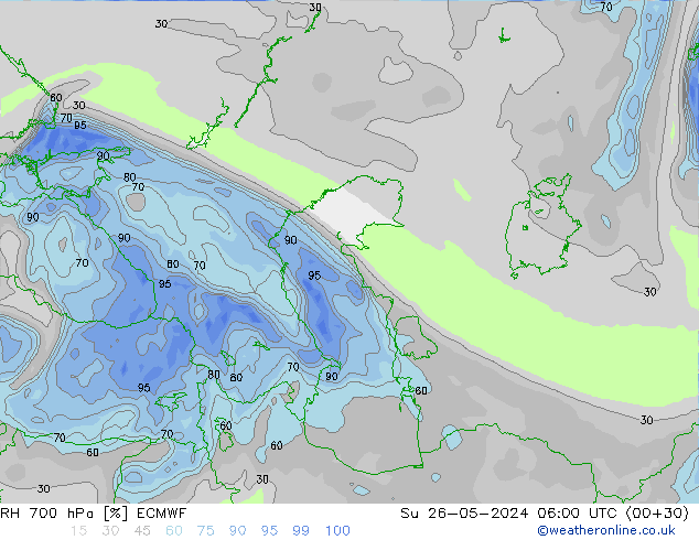 RH 700 hPa ECMWF Ne 26.05.2024 06 UTC