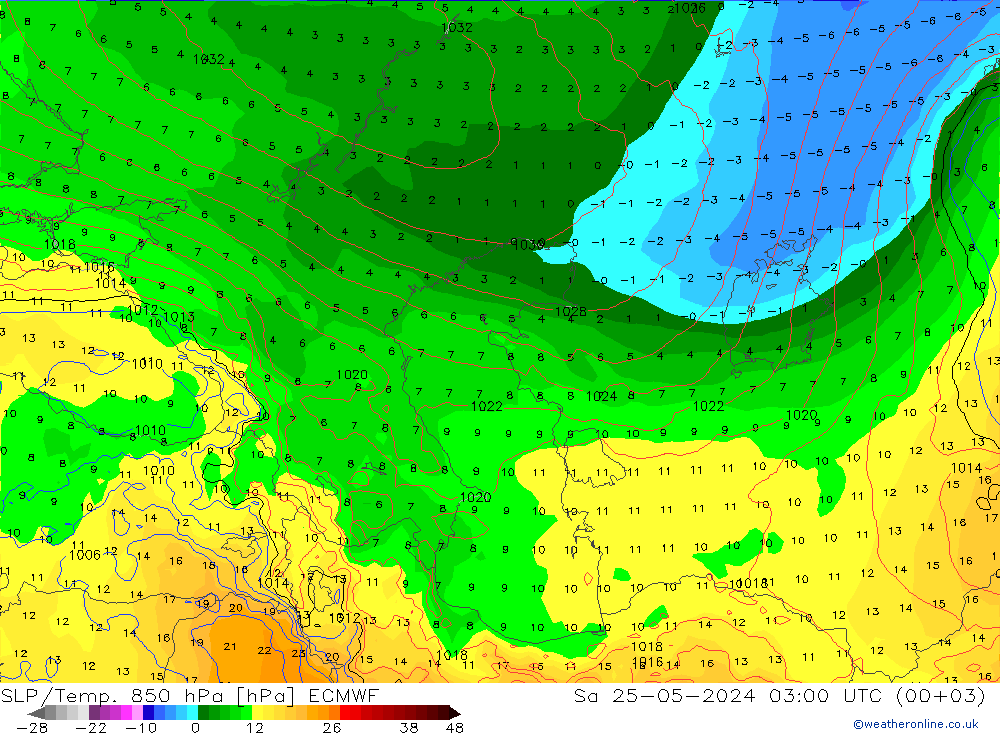 SLP/Temp. 850 гПа ECMWF сб 25.05.2024 03 UTC