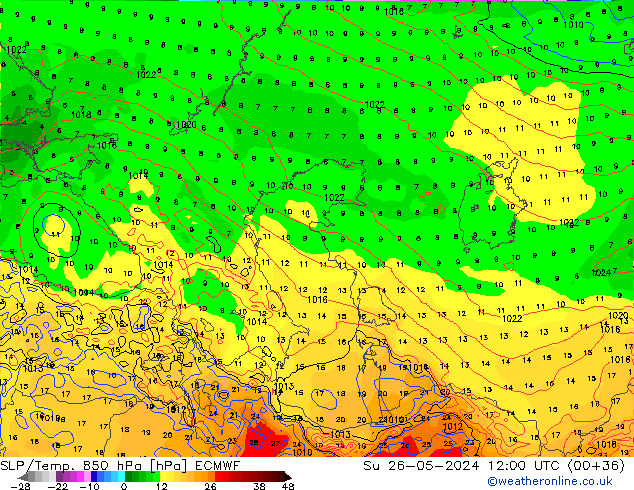 SLP/Temp. 850 hPa ECMWF Su 26.05.2024 12 UTC