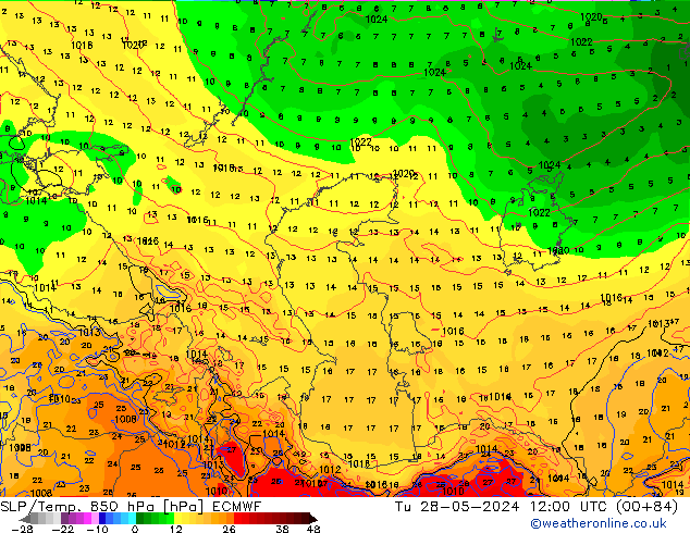 SLP/Temp. 850 hPa ECMWF Tu 28.05.2024 12 UTC