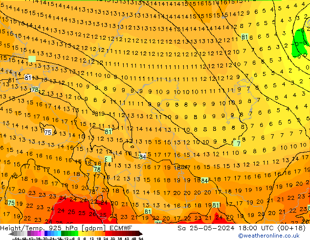 Height/Temp. 925 hPa ECMWF So 25.05.2024 18 UTC