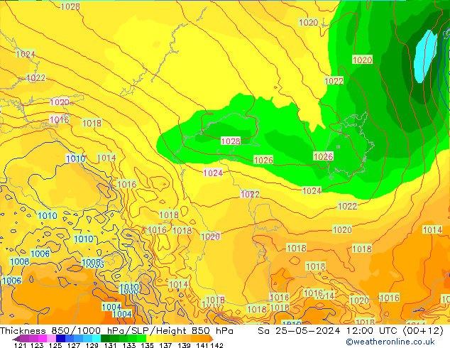 Thck 850-1000 гПа ECMWF сб 25.05.2024 12 UTC