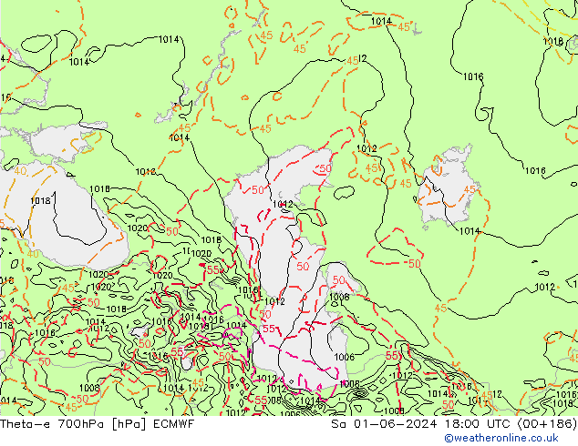Theta-e 700hPa ECMWF So 01.06.2024 18 UTC