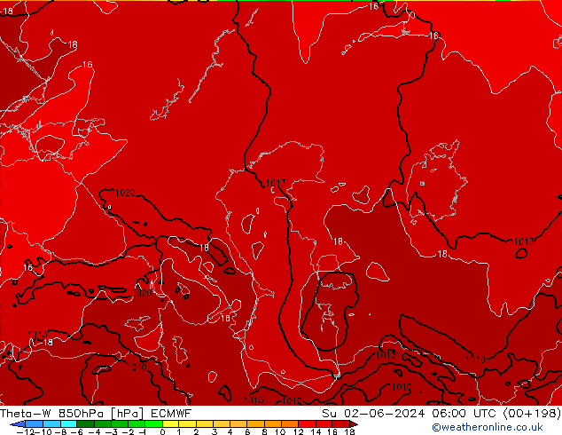 Theta-W 850hPa ECMWF Su 02.06.2024 06 UTC