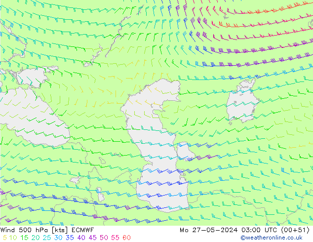 Vento 500 hPa ECMWF lun 27.05.2024 03 UTC