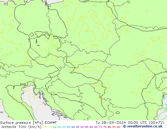 Izotacha (km/godz) ECMWF wto. 28.05.2024 00 UTC