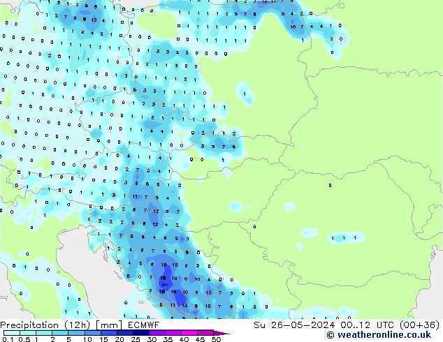 Precipitation (12h) ECMWF Su 26.05.2024 12 UTC