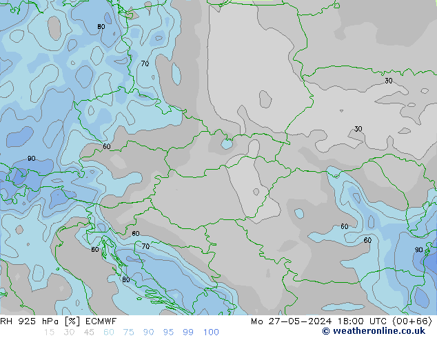 RH 925 hPa ECMWF pon. 27.05.2024 18 UTC