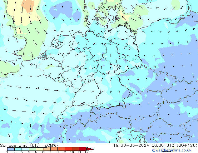 Vento 10 m (bft) ECMWF gio 30.05.2024 06 UTC