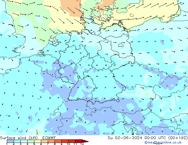 Vento 10 m (bft) ECMWF dom 02.06.2024 00 UTC