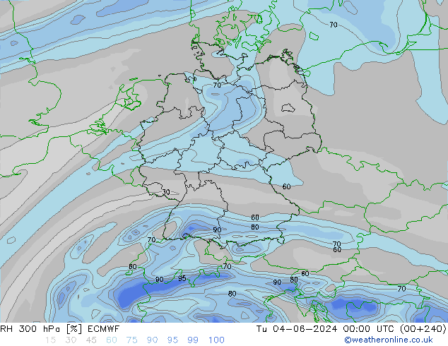 Humidité rel. 300 hPa ECMWF mar 04.06.2024 00 UTC