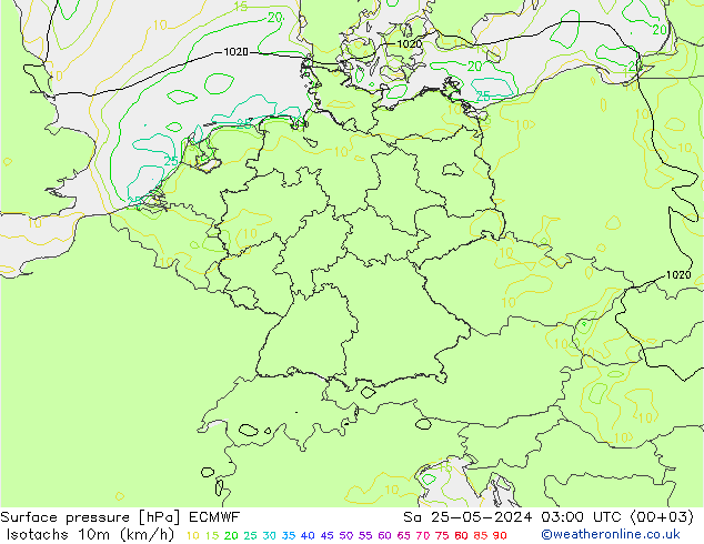 Izotacha (km/godz) ECMWF so. 25.05.2024 03 UTC