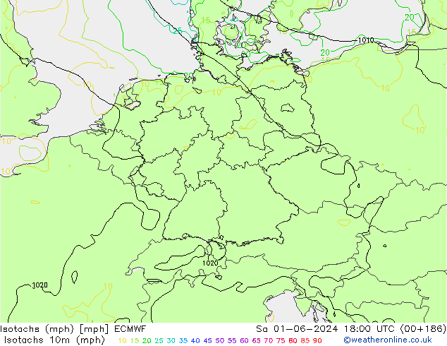Isotaca (mph) ECMWF sáb 01.06.2024 18 UTC