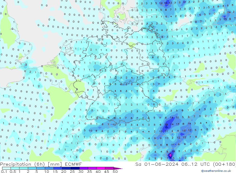 Precipitation (6h) ECMWF Sa 01.06.2024 12 UTC