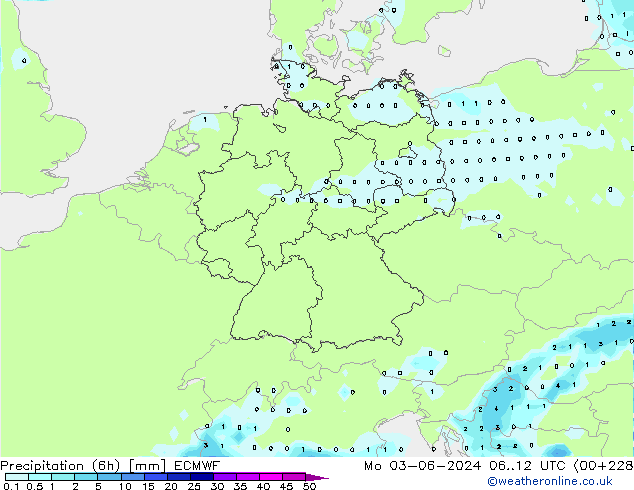 Totale neerslag (6h) ECMWF ma 03.06.2024 12 UTC