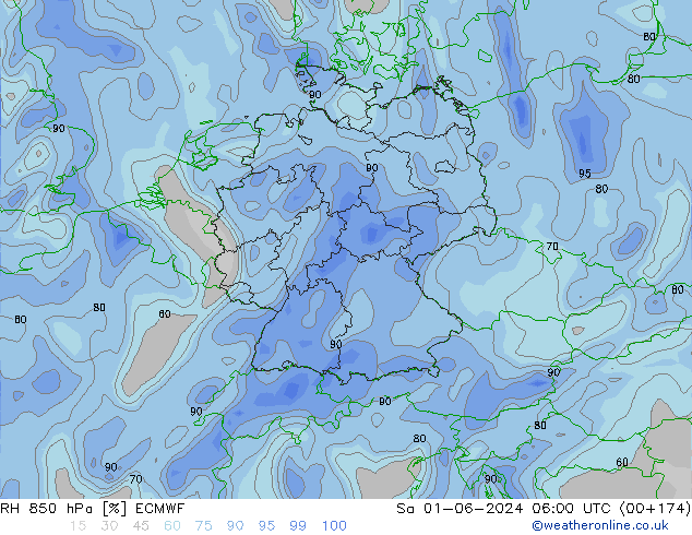 RH 850 hPa ECMWF sab 01.06.2024 06 UTC