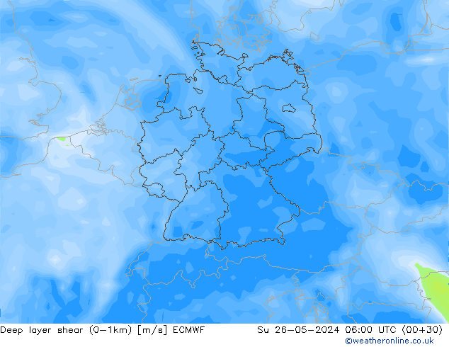 Deep layer shear (0-1km) ECMWF Su 26.05.2024 06 UTC